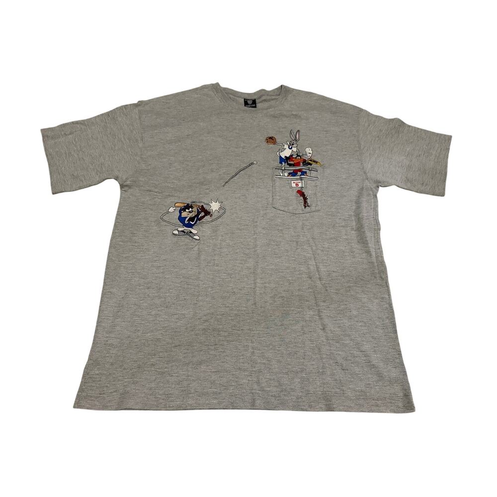 Vintage 90s Warner Bros Studio Store Looney Tunes Embroidered Pocket Tee Gray L